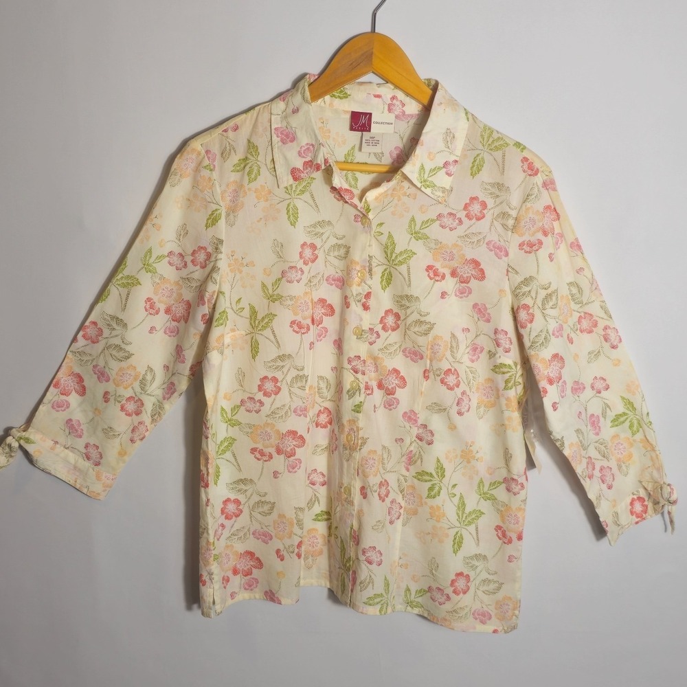 NWT JM Collection Petite 14P Floral Cotton Button Up Blouse Shirt 3/4 Sleeve - Picture 2 of 8